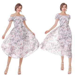 Short-sleeve Off Shoulder Midi Chiffon Dress