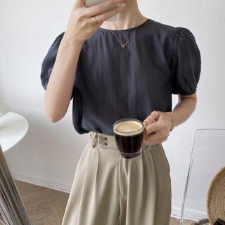Plain Puff-sleeve Tie-back Blouse