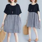 Elbow-sleeve Gingham Panel A-line Dress As Shown In Figure - One Size