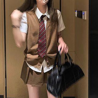 Short-sleeve Shirt With Tie / Button-up Sweater Vest / Mini A-line Skirt