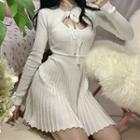 Set: Long-sleeve Tie-front Knit Top + Pleated Mini A-line Skirt Knit Top & Skirt - White - One Size