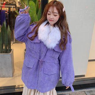 Furry Collar Multi-pocket Snap Button Coat