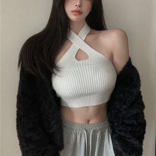 Details Cross-strap Knit Halter Top / Faux-fur Jacket