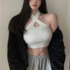 Details Cross-strap Knit Halter Top / Faux-fur Jacket
