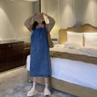 Mock Two-piece Long-sleeve Midi Denim Dress Denim Blue - One Size