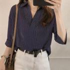 Elbow-sleeve Striped Open-placket Blouse