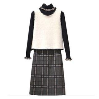 Set: Mock-turtleneck Knit Top + Plaid A-line Skirt + Vest