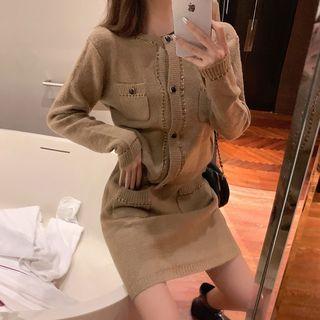 Set: Crew-neck Knit Cardigan + Mini Skirt