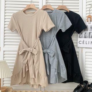 Short-sleeve Mini Dress With Ruffled Tie Skirt