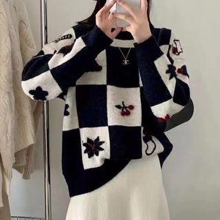 Checkered Christmas Print Sweater