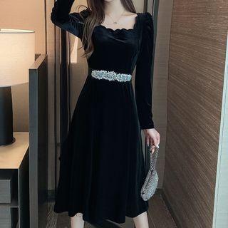 Long-sleeve Velvet Midi A-line Dress With Belt
