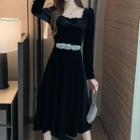 Long-sleeve Velvet Midi A-line Dress With Belt