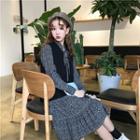 Floral Long-sleeve Loose-fit Dress / Plain V-neck Knit Vest