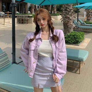 Ribbed Tank Top / Gingham A-line Skirt / Denim Jacket