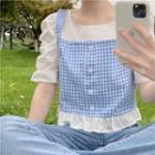 Mock Two Piece Gingham Tank Top Plain Puff Short Sleeve Top