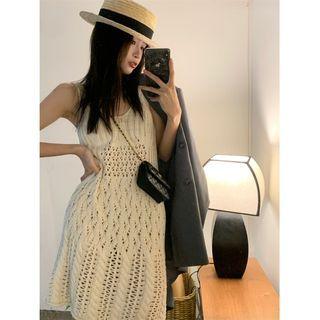 Spaghetti-strap Knit Mini A-line Dress Beige - One Size