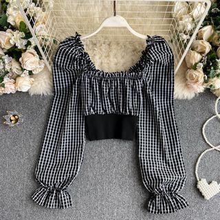 Long-sleeve Checked Crop Top Black - One Size