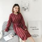 Striped Corduroy V-neck Long-sleeve A-line Dress