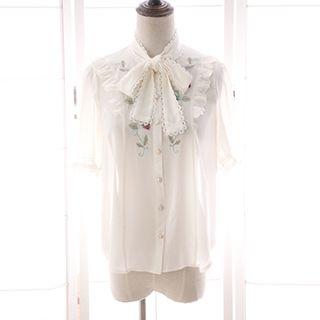 Frill Trim Strawberry Embroidered Elbow Sleeve Shirt