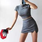 Set: Short-sleeve Cropped Qipao + Skirt