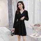 Glitter V-neck Long-sleeve Mini A-line Dress