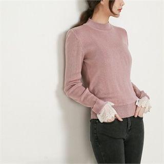 Crew-neck Lace-cuff Knit Top