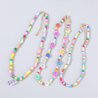 Bear Pendant Beaded Layered Necklace Mixed Color - Pink - One Size