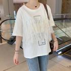 Mock Two-piece Elbow-sleeve Printed Mesh Paneled T-shirt