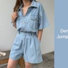 Flap-pocket Shirtwaist Denim Playsuit Light Blue - One Size