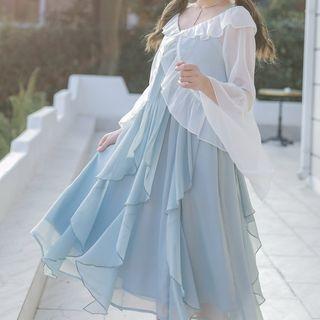 Ruffled Long-sleeve Blouse / Spaghetti Strap Layered A-line Dress