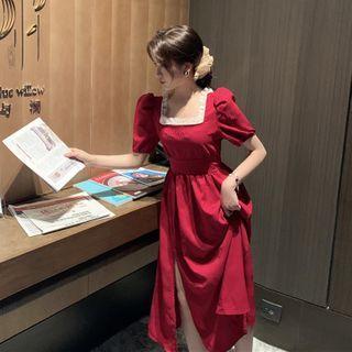 Ruffled Square-neck Short-sleeve Midi A-line Dress