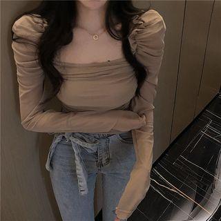 Square-neck Balloon-sleeve Shirred Top