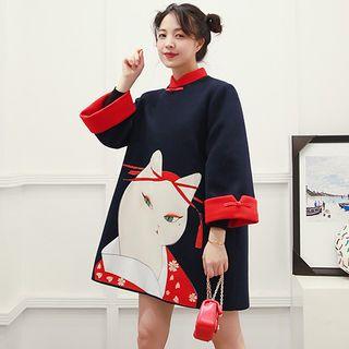 Long-sleeve Cat Print Mini Dress