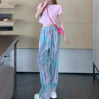 Tie Dye Wide Leg Pants / Short-sleeve Plain Cropped T-shirt