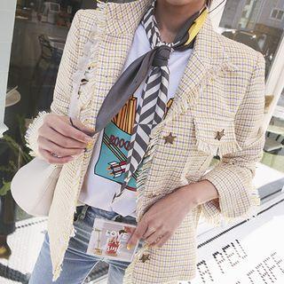 Stand-collar Fringed Tweed Jacket With Sash