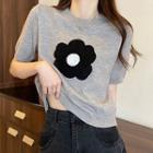Short-sleeve Floral Knit Top Gray - One Size