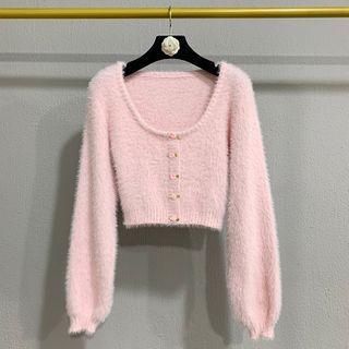 U-neck Puff-sleeve Knit Cropped Top Pink - One Size