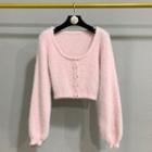 U-neck Puff-sleeve Knit Cropped Top Pink - One Size