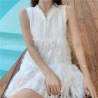 Fringed V-neck Sleeveless Mini A-line Dress