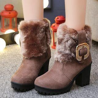 Faux Suede Furry Trim Chunk-heel Ankle Snow Boots