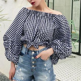 Off-shoulder Checked Long-sleeve Top