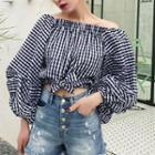 Off-shoulder Checked Long-sleeve Top