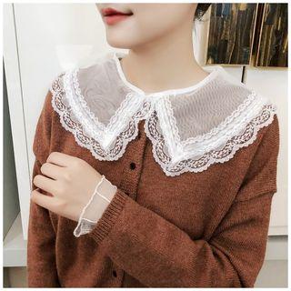 Lace-trim Collared Long-sleeve Mesh Top