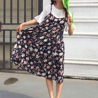 Set: Elbow Sleeve Midi Mesh Dress + Floral Print Spaghetti Strap Dress