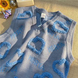 V-neck Heart Embroidered Knit Vest Charcoal Gray - One Size