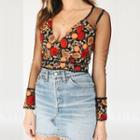 Long-sleeve Floral Embroidered Copped Mesh Top