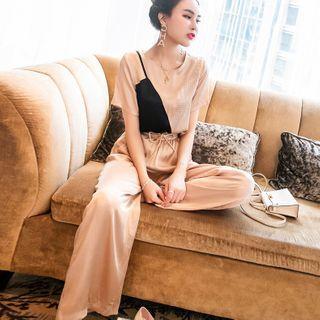 Set: Mock Two-piece Short-sleeve Blouse + Cropped Wide-leg Pants