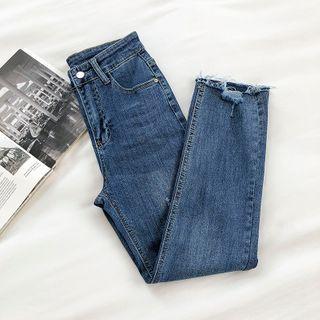 Frayed High-waist Washed Cropped Jeans