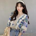 Elbow-sleeve V-neck Lace Panel Floral Blouse Blue & Almond - One Size