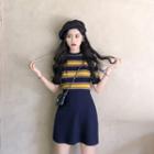 Striped Short-sleeve Knit Top / A-line Knit Skirt